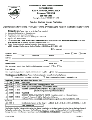 Virginia Lifetime Fishing License  Form