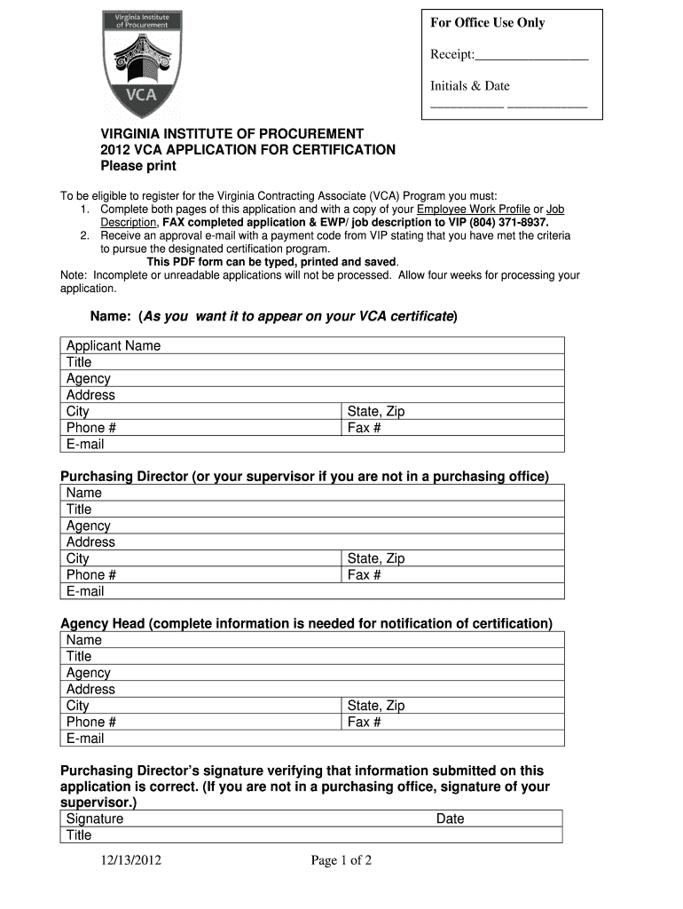 VCA Application  Division of Purchases and Supply  Dps Dgs Virginia  Form