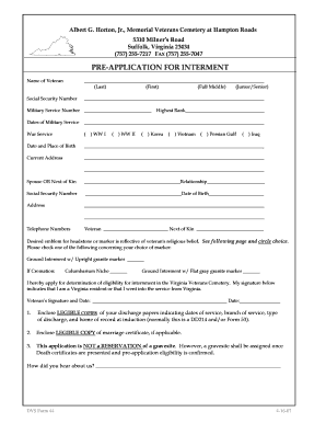PRE APPLICATION for INTERMENT Virginia Department of Dvs Virginia  Form