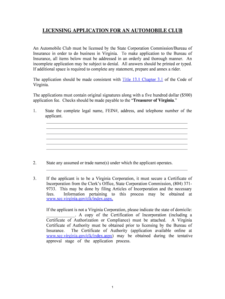 Requirements for Organization and Licensing of an Automobile Club Scc Virginia  Form