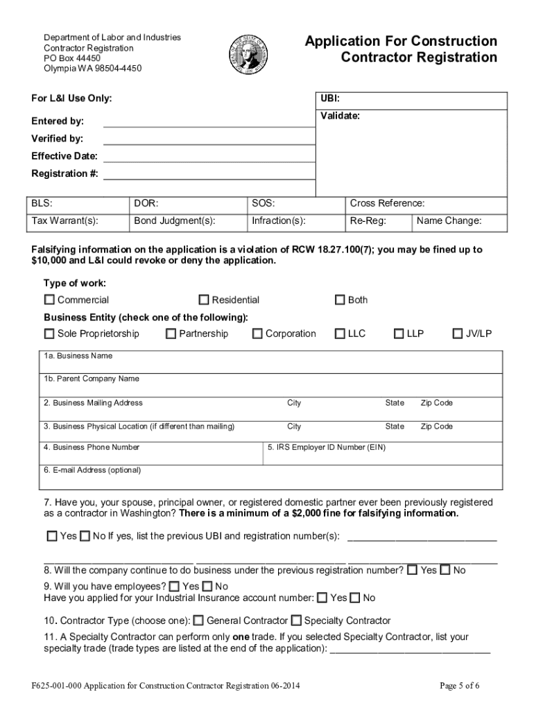 F625 001 000 Application for Construction Contractor Registration  Form