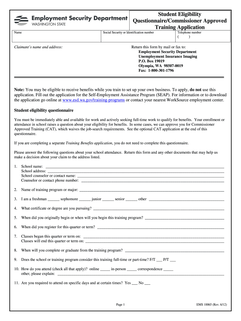  Washington Employment Security Department Student Eligibility Questionnaire  Form 2012