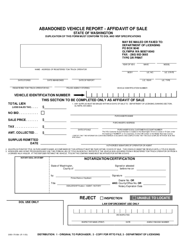 Abandoned Vehicle Affidavit Washington  Form