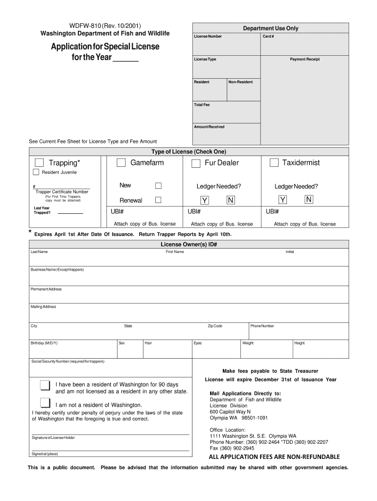 Application for Special License for the Year  Washington    Wdfw Wa  Form