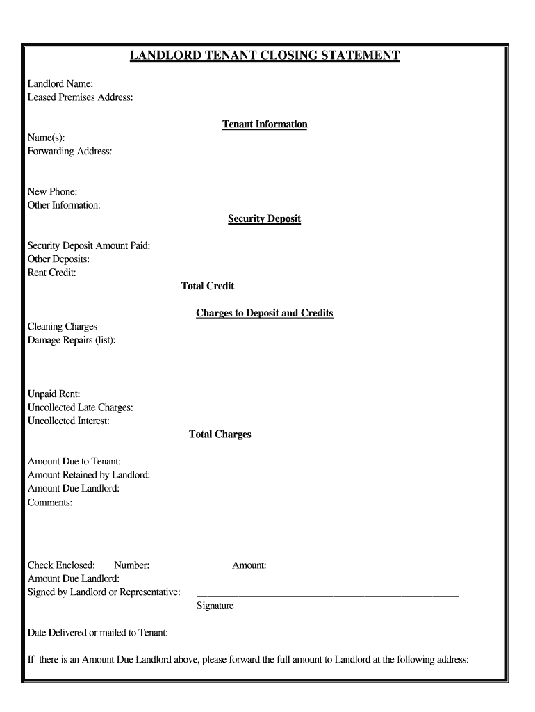 Arizona Landlord Tenant Closing Statement to Reconcile Security Deposit  Form