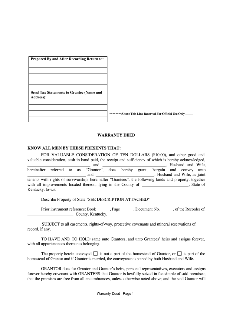Kentucky Warranty Deed for Husband and Wife Converting Property from Tenants in Common to Joint Tenancy  Form