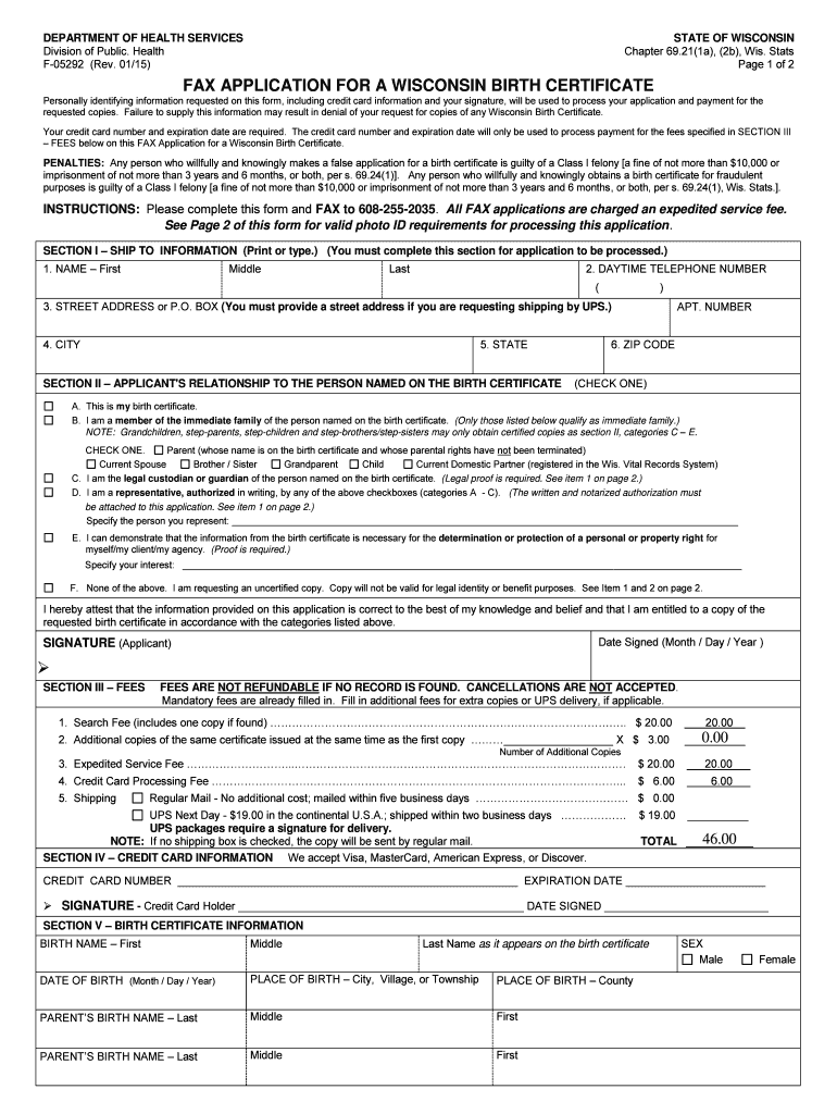 Fax Application for Wisconsin Birth Certificate Form