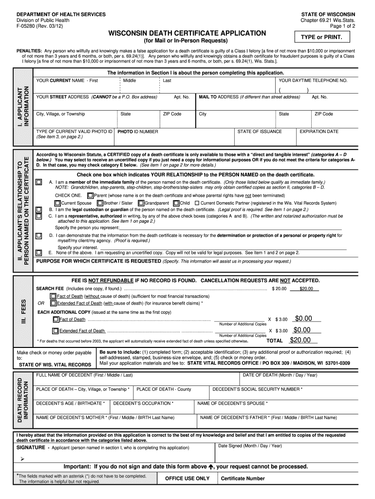  State of Wisconsin Death Certificate Application Form 2012