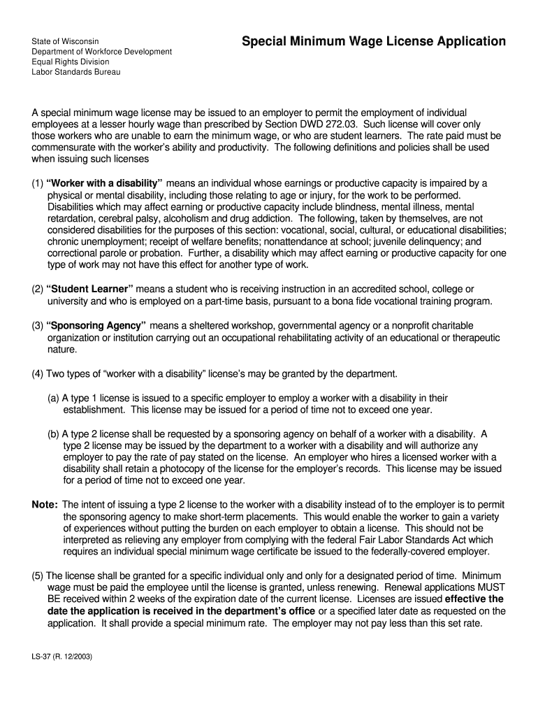  Special Minimum Wage License Wisconsin Fillable Form 2003-2024