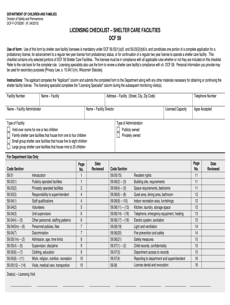  Licensing Checklist  Wisconsin Department of Children and    Dcf Wisconsin 2010-2024