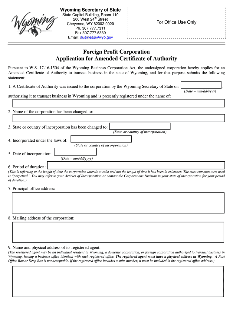 Foreign Profit Corporation Application for Amended Certificate of Vote Wyoming  Form