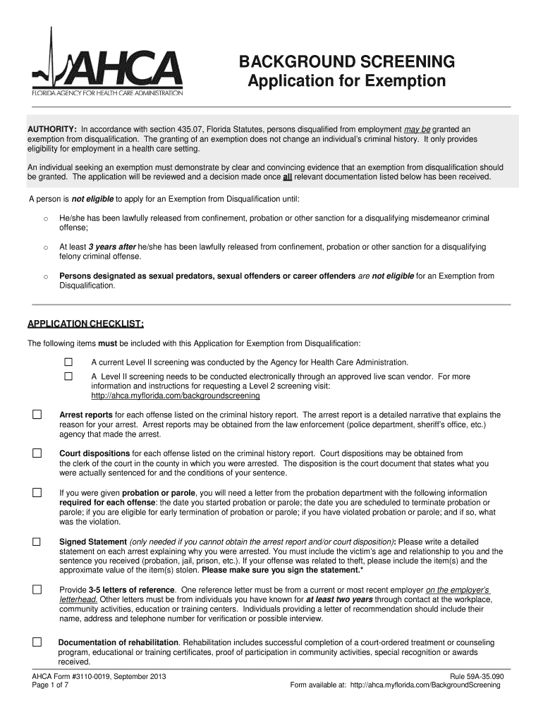  Ahca Background Screening Application for Exemption  Form 2013