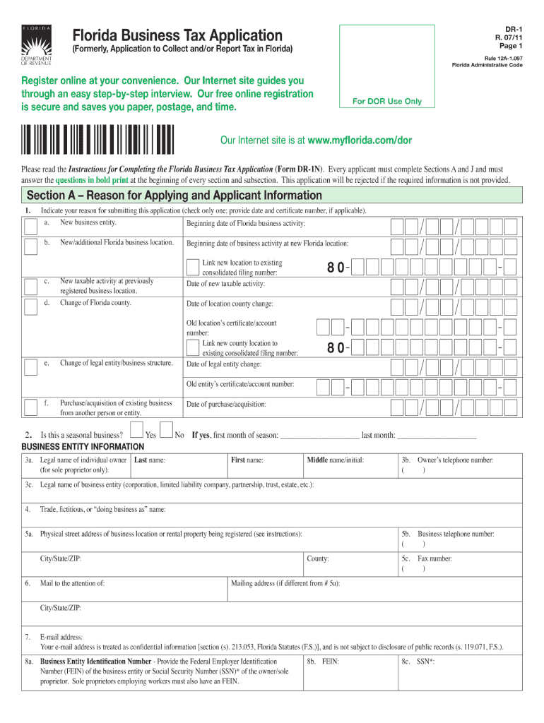  Florida Business Tax Application Form Dr 1 Florida Department 2020