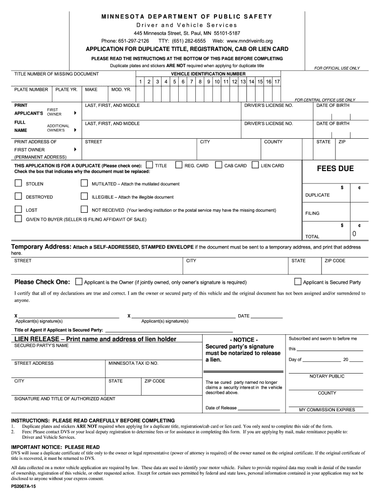 Blank Minnesota Car Title  Form