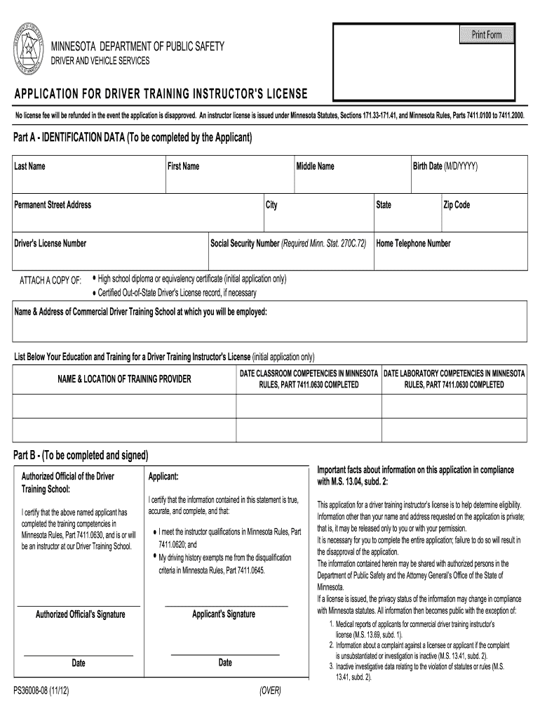 APPLICATION for DRIVER TRAINING INSTRUCTOR'S LICENSE  Dps Mn  Form