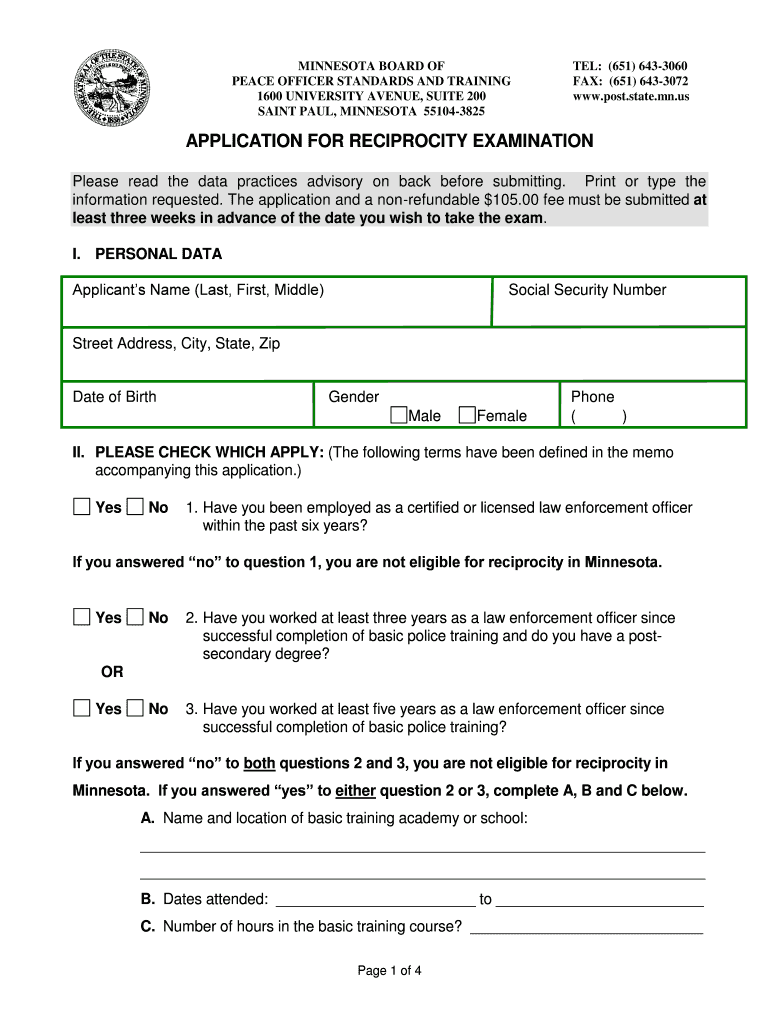 APPLICATION for RECIPROCITY EXAMINATION Dps Mn  Form