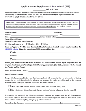 Application for Supplemental Educational SES School Year Ade Az  Form