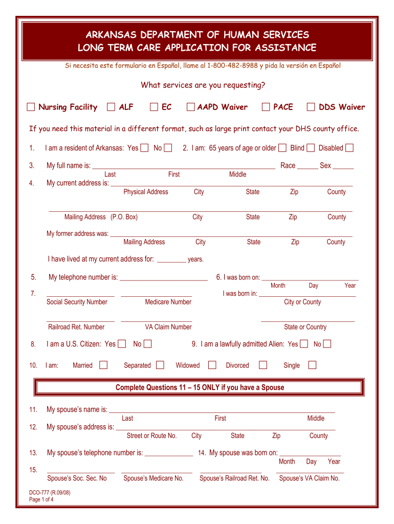  Arkansas Department of Human Services Long Term Care Application for Assistance  Form 2008