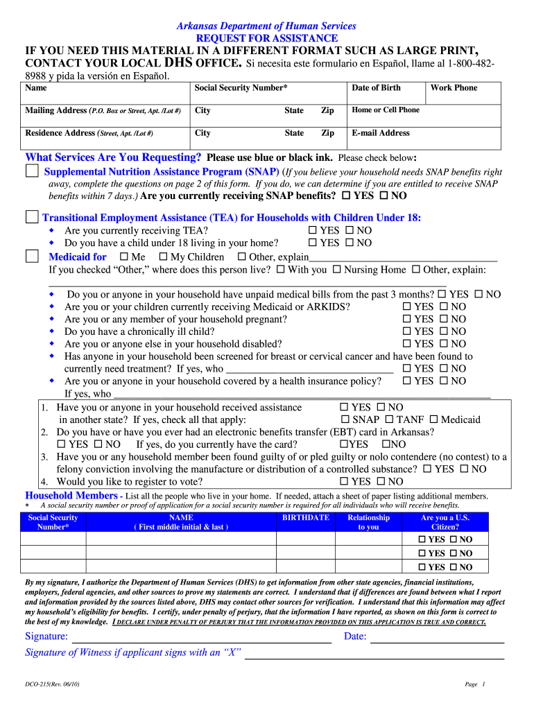  Printable Medicaid Application for Arkansas Form 2016