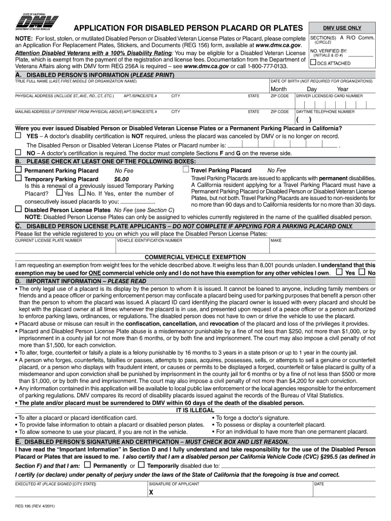 Get and Sign Dmv Handicapped Placard Application California  Form 2011