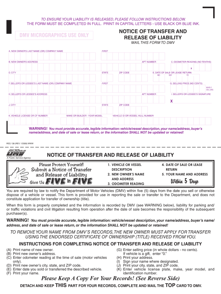  Reg 138 Dmv Form 2009