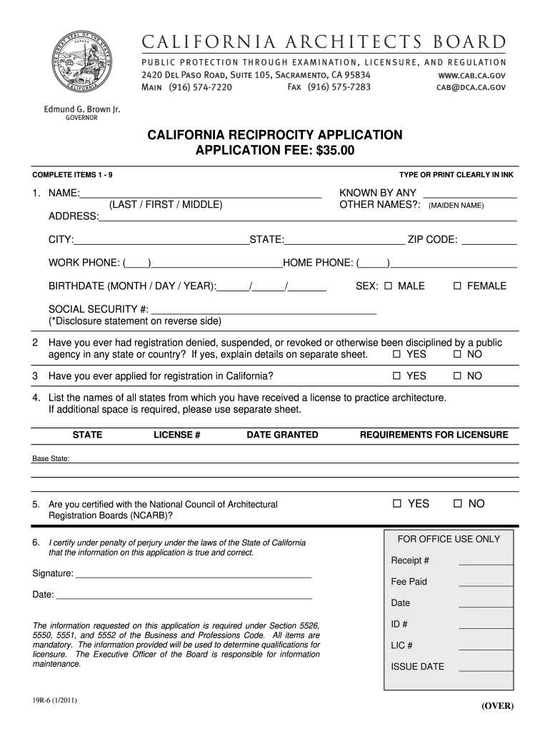  CALIFORNIA RECIPROCITY APPLICATION APPLICATION FEE Cab Ca 2011-2024