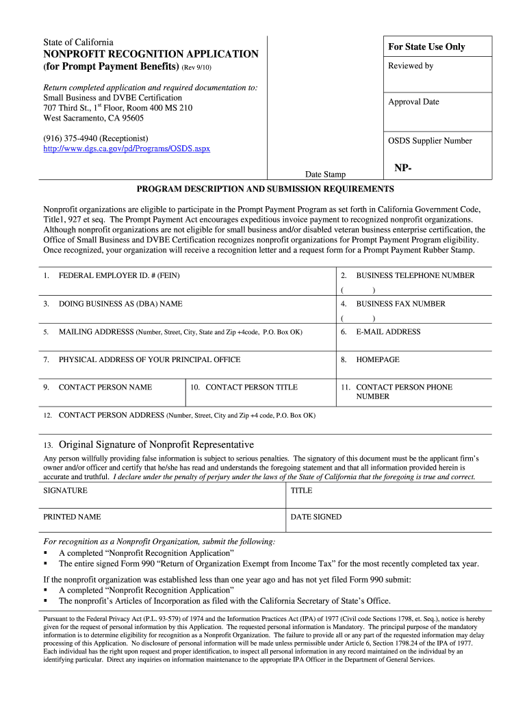 State of California Non Profit Recognition Application Form