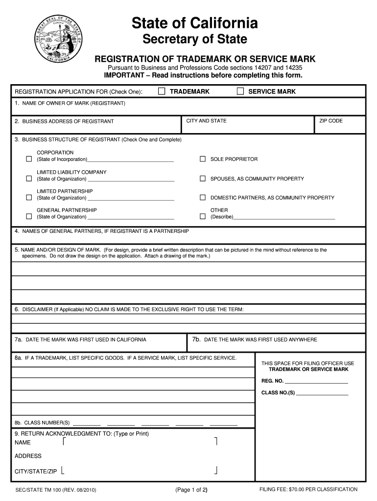 State of California Secretary of State Registration of Trademark Form