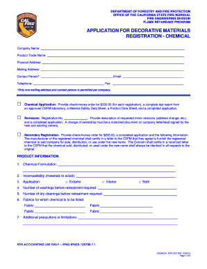 APPLICATION for DECORATIVE MATERIALS REGISTRATION Osfm Fire Ca  Form