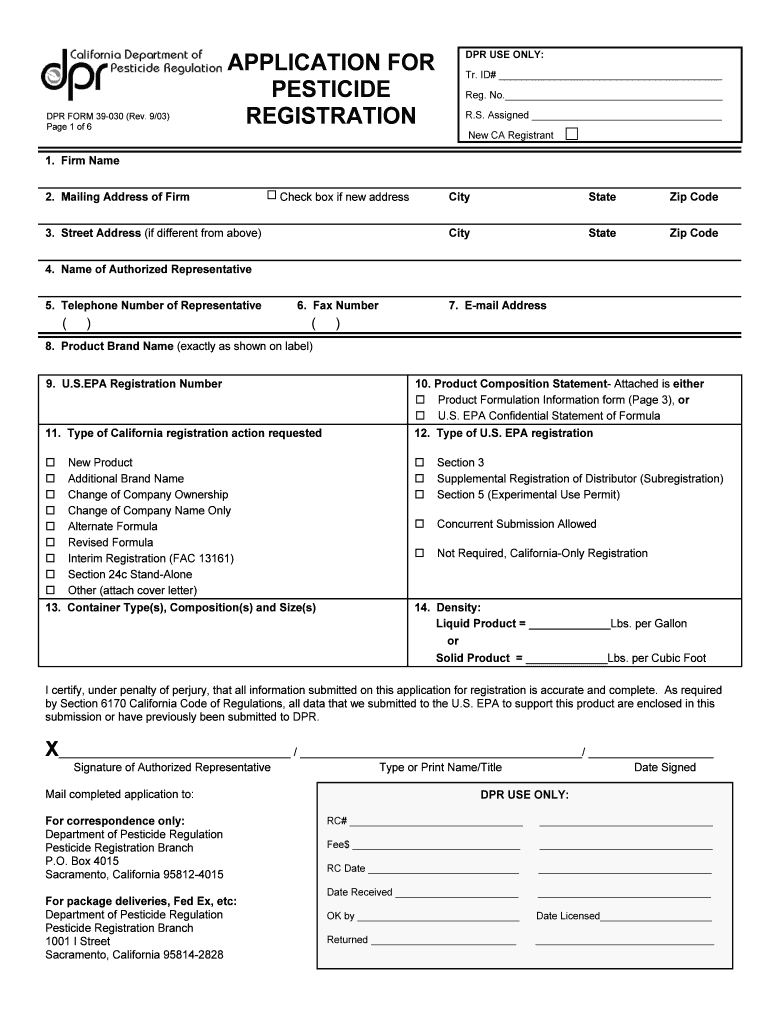 APPLICATION for PESTICIDE REGISTRATION California Cdpr Ca  Form