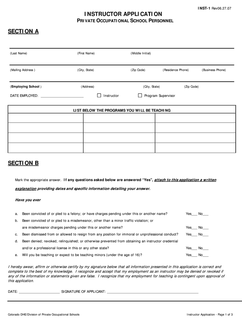 Colorado Application for Credential Private Occupational School Personnel Form