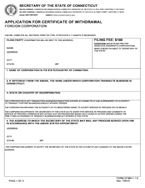 Connecticut Application for Certificate of Withdrawal Form