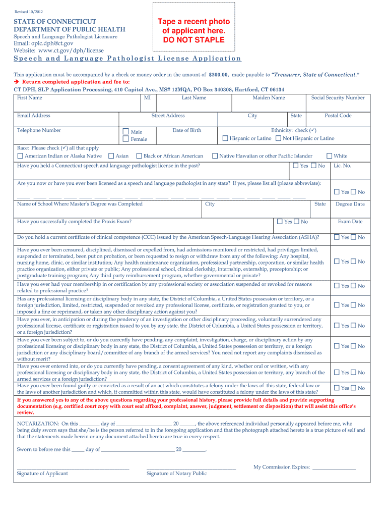 APPLICATION for SPEECH and LANGUAGE PATHOLOGY Ct  Form