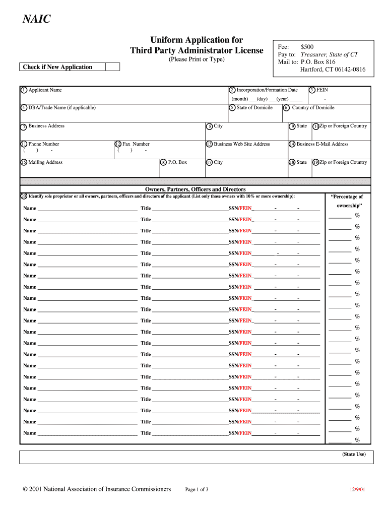Naic Uniform Application for Third Party Administrator