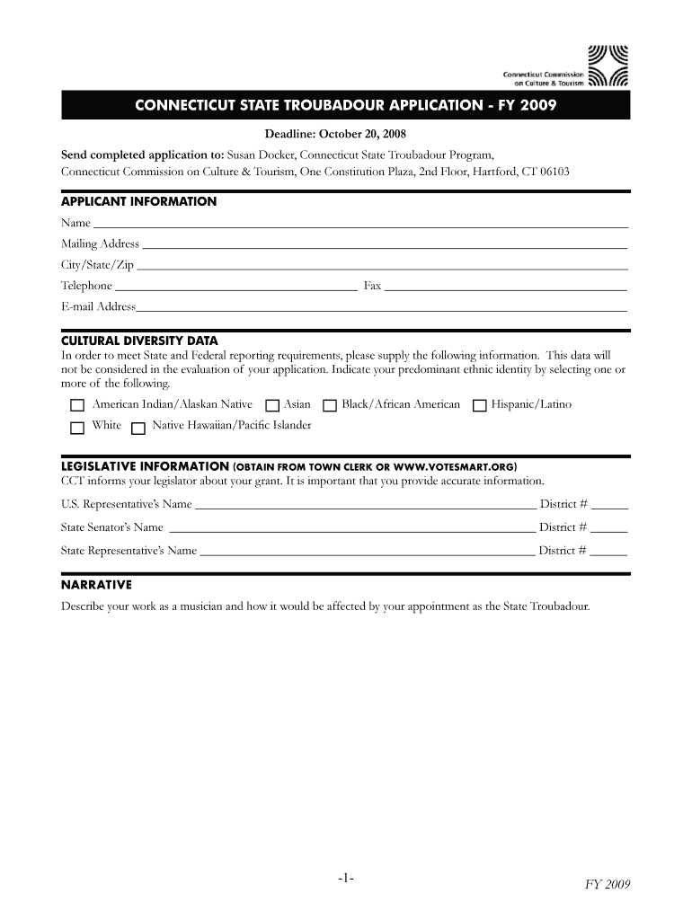 FY  1 CONNECTICUT STATE TROUBADOUR APPLICATION  FY  Ct  Form