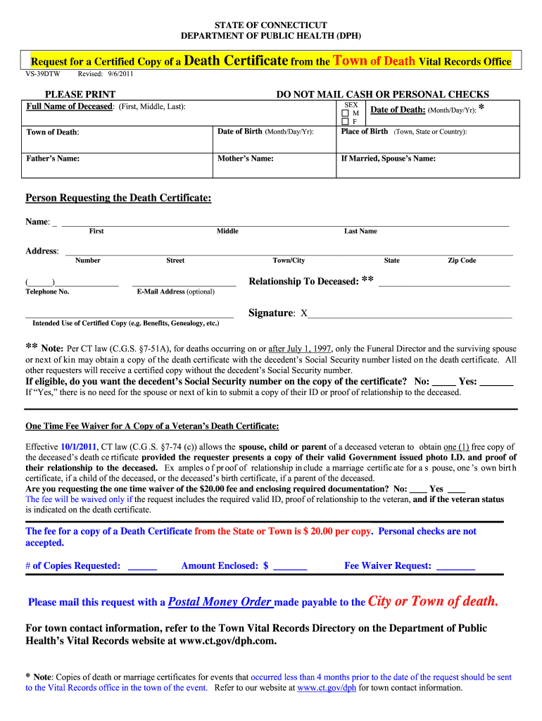 Get and Sign Connecticut Death Certificate Sample 2011-2022 Form