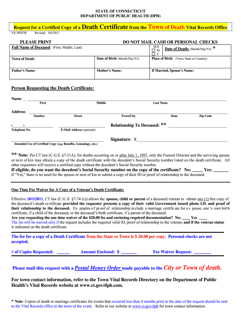  Connecticut Death Certificate Sample 2011-2024