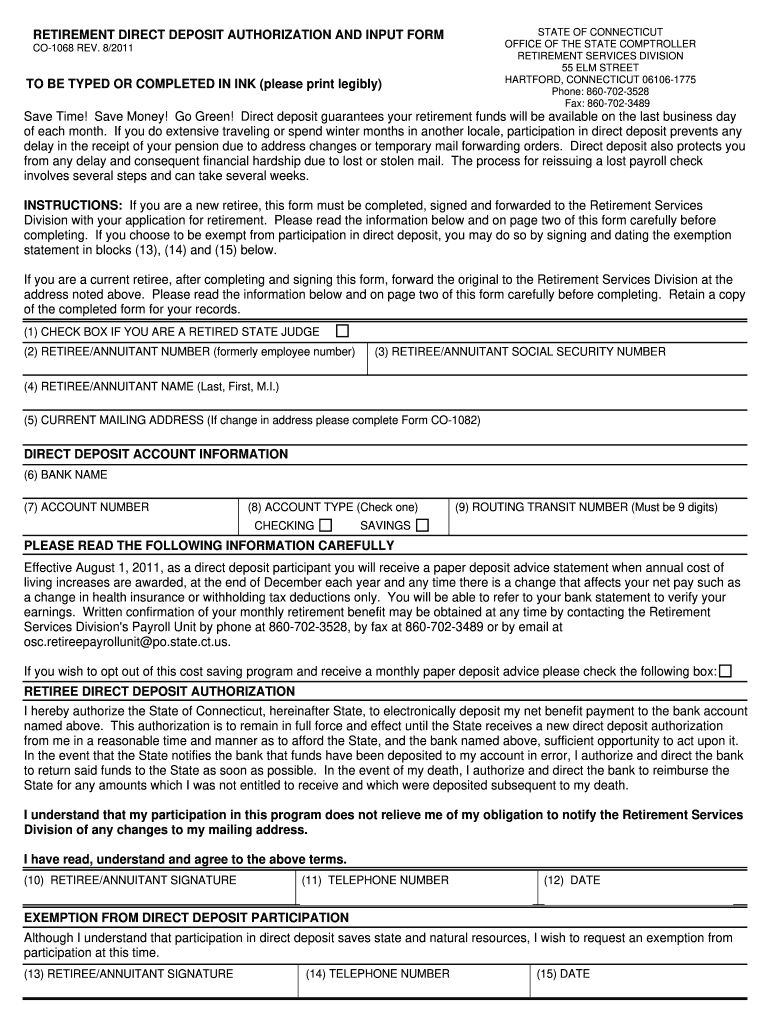  State of Connecticut Change to Retiree Direct Deposit Form 2011