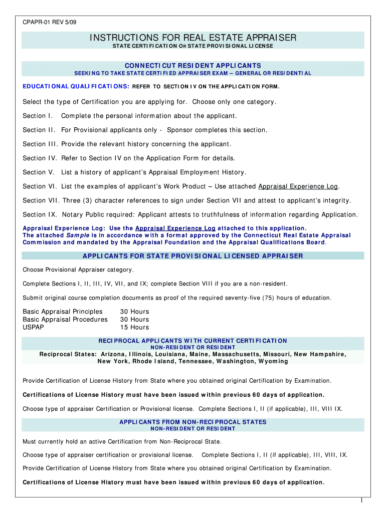 INSTRUCTIONS for REAL ESTATE APPRAISER  Ct  Form