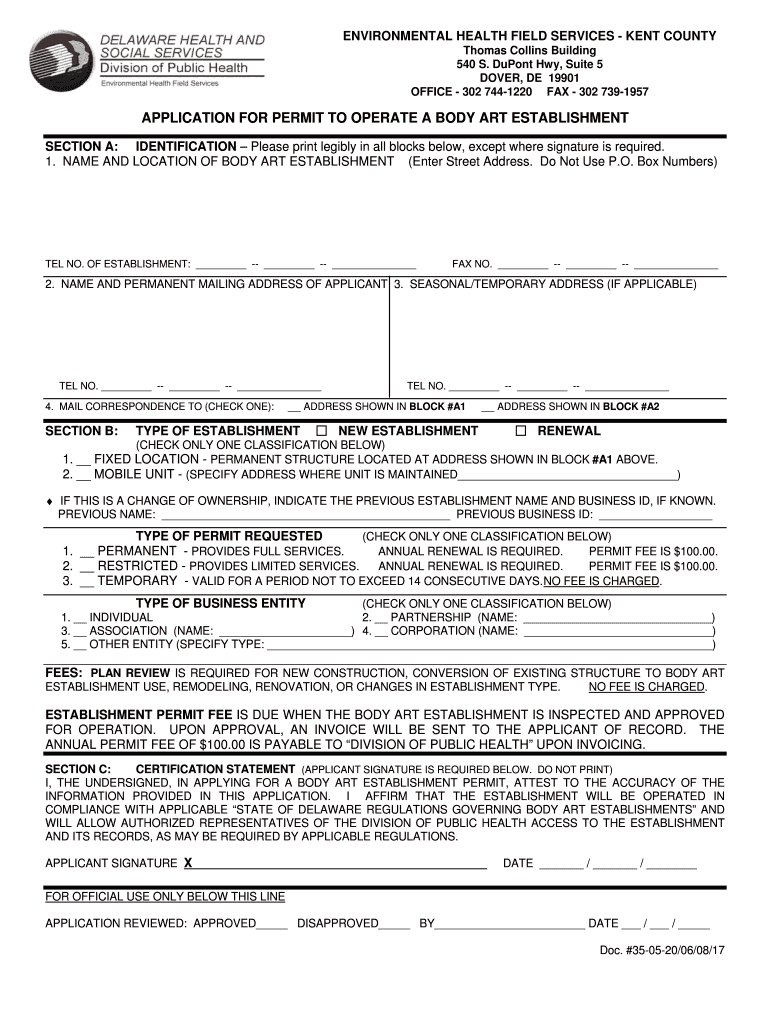 Permit Application for Body Art Establishments  Delaware Health    Dhss Delaware  Form