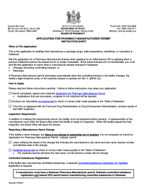 APPLICATION for PHARMACY MANUFACTURER PERMIT Dpr Delaware  Form