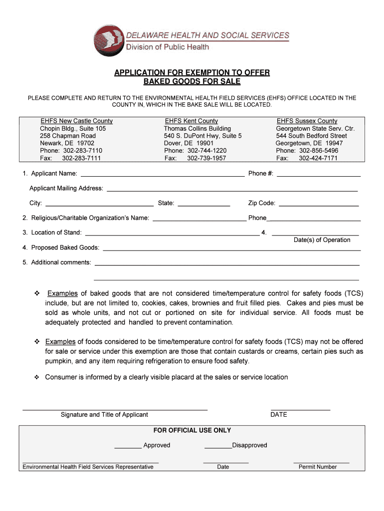 APPLICATION for EXEMPTION to OFFER BAKED GOODS for    Dhss Delaware  Form