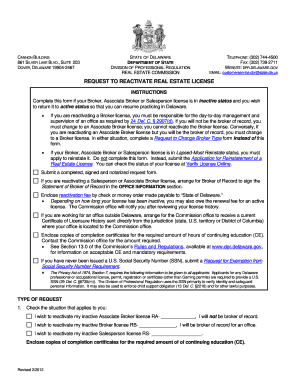 REQUEST to REACTIVATE REAL ESTATE LICENSE Dpr Delaware  Form