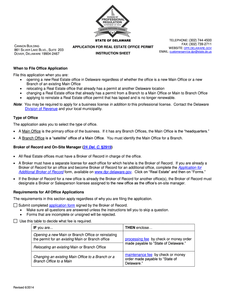 APPLICATION for REAL ESTATE OFFICE PERMIT When to File Dpr Delaware  Form