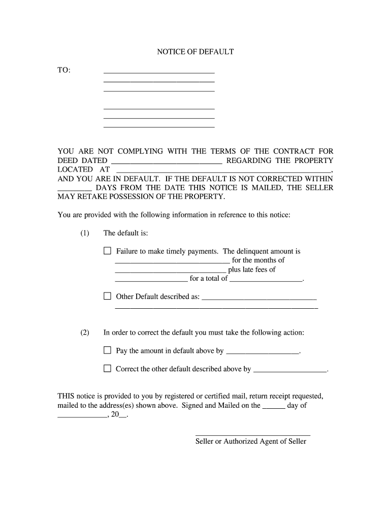 Illinois General Notice of Default for Contract for Deed  Form