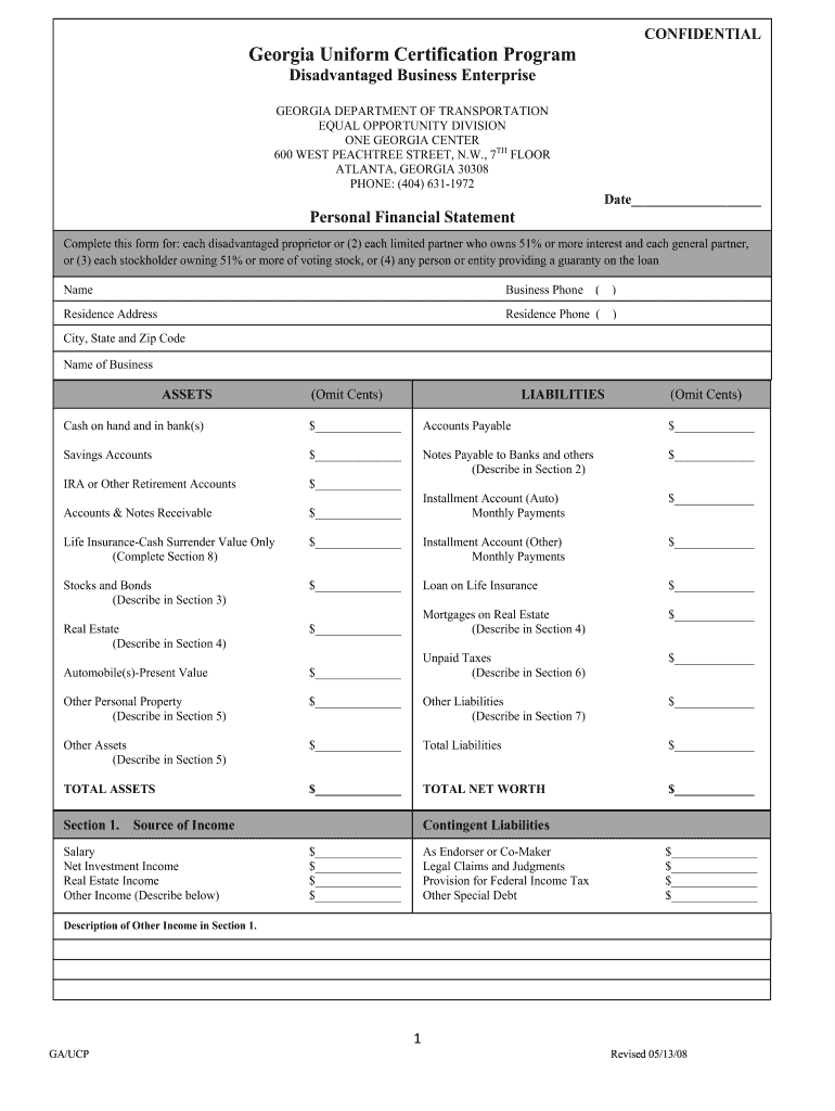  Georgia Uniform Certification Program Personal Financial Statement 2008-2024