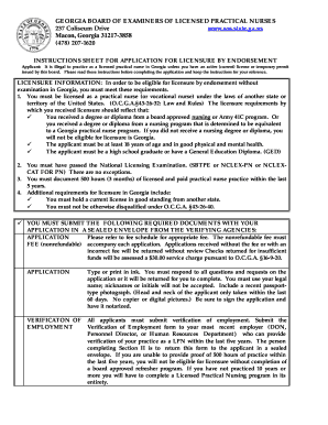 Georgia Lpn License by Endorsement Application  Form