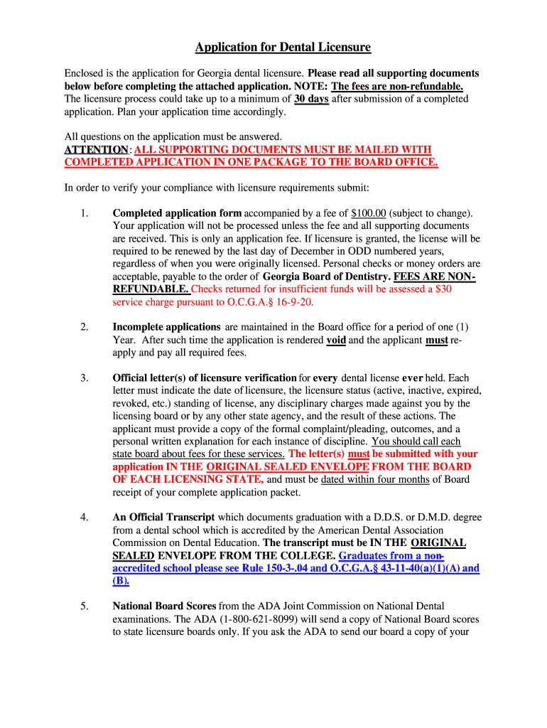 Application for Dental Licensure Georgia Secretary of State Sos Georgia  Form