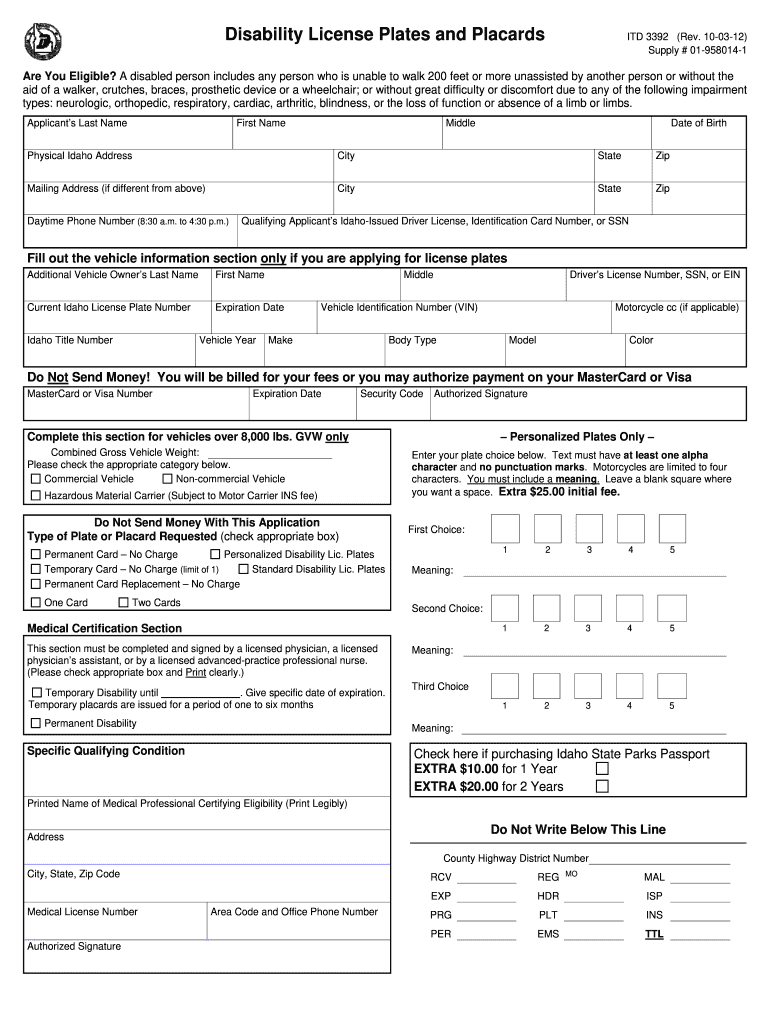 Idaho Handicap Placard Form Fill Out And Sign Printable PDF Template