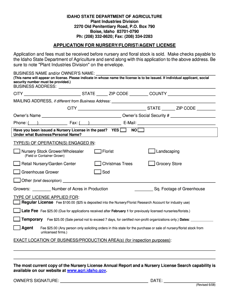 Idaho Nursery License  Form